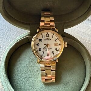 Shinola Gold Tone Bracelet Watch White Dial Date Window
